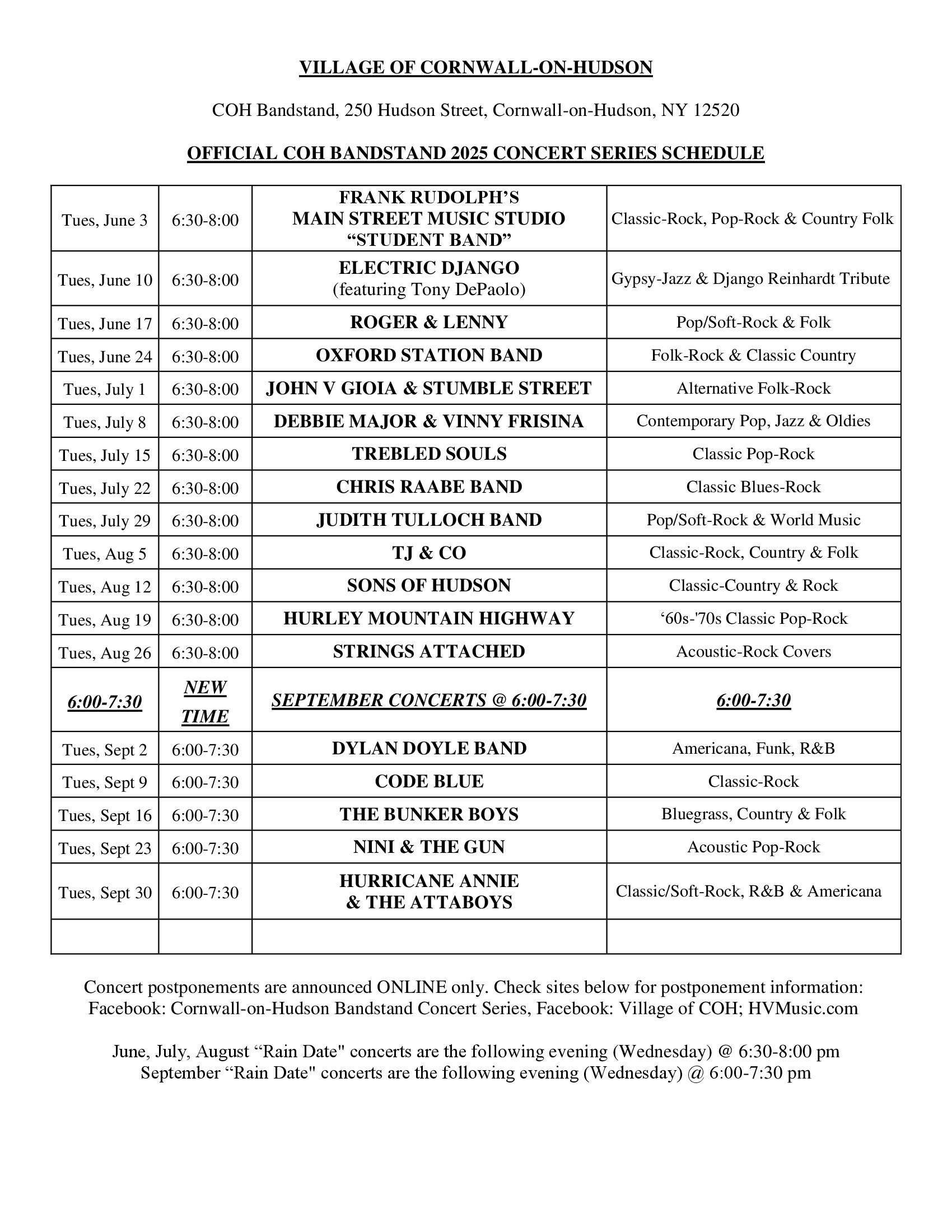 Bandstand Schedule 2025 Bandstand Schedule 2025